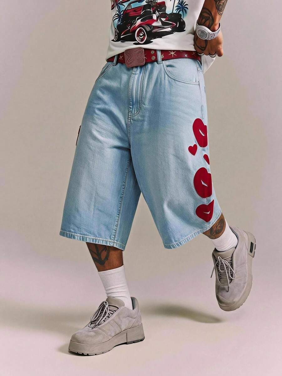 CRAVYNX Streetwear Retro Fashion Versatile Distressed Washed Heart & Lips Embroidery Design Loose Straight Leg Wide Leg Casual Summer Denim Shorts