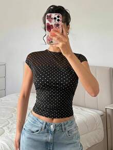 SHEIN EZwear 黑色針織網格拼接修身上衣 - 黑色 - 查看 7