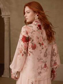 MOTF PREMIUM PLUS SIZE WOMEN'S SPRING/SUMMER ROSE PRINT TIE NECK LANTERN SLEEVE BLOUSE FOR DAILY WEAR AND DATING FALL - Pink - View 2