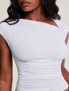 NYA SZN Women's Solid Color Asymmetric Collar Cap Sleeve Ruched Slim Fit T-Shirt - White - View 5