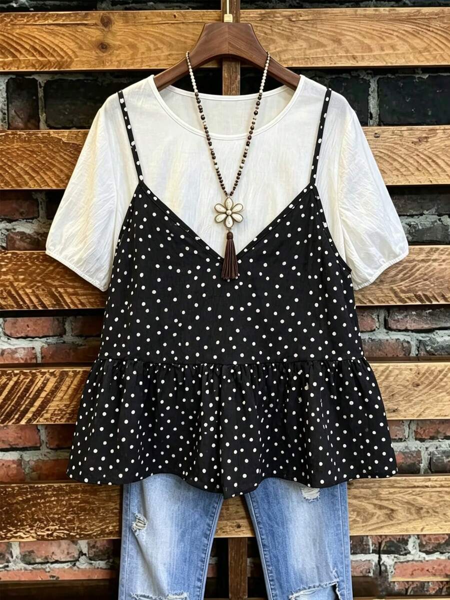Linhara Plus Size Women's French Casual Elegant Vacation, Woven Printed Fabric, White Patchwork Polka Dot Print Camisole 2 In 1 Round Neck Short Sleeve Blouse, Romantic Date Top, Versatile Top, Daily Commute, Women's Casual Top, Women's Country Style, Summer Blouse, Beach Vacation, Women's Elegant Top, Loose 2 In 1, Spring/Summer - Black and White - View 1