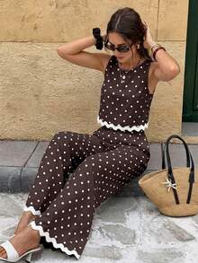 Serisse Women's Brown And White Polka Dot Contrast Color Top And Pants Casual Vintage Elegant Tropical Daily 2 Pieces Set Vacation Summer Brunch - Brown - View 5