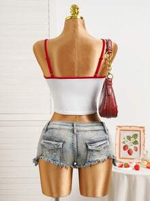 Strawberry Shortcake X SHEIN Women's Sweet Street Wear Y2k Cute Lace Patchwork 3D Bow Decor Camisole Daytime Everyday Holiday White Summer - White - View 2