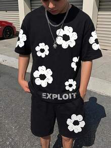 SHEIN 大童男孩新款休閒極簡 Y2K 花卉圖案經典時尚酷感運動風寬鬆舒適圓領短袖 T 恤，適合通勤、上學、日常休閒外出與運動，適用春夏 - 黑色 - 查看 4