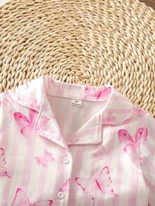 Summer Young Girl Knit Fabric Collared Button-Front Short Sleeve Long Pants Pink Butterfly Striped Fresh Pattern Digital Print Hot-Selling Two Pieces Pajama Set Loungewear - Pink - View 8
