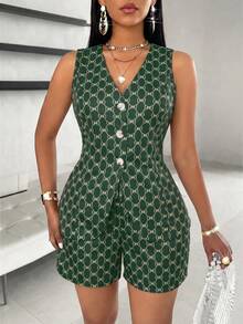 SOLERSUN Women's Vintage Allover Print Solid Button Front Vest Blazer & Shorts,Business Suit Set - Dark Green - View 5