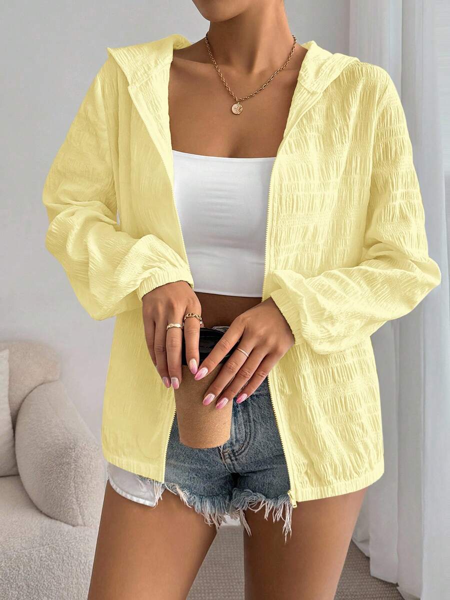 SHEIN Essnce 女款休閒純色連帽夾克 - 淡黃色 - 查看 1
