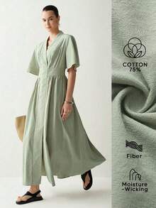 Aalyst Women's Spring/Summer Elegant Minimalist French Style Casual/Work Vacation/Beach Party V-Neck Petal Sleeve A-Line Dress, Sage Green - Mint Green - View 2