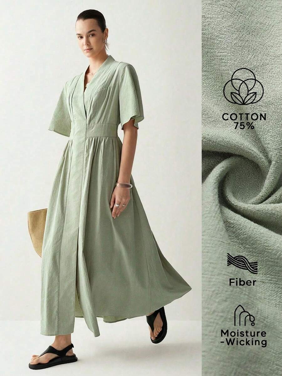 Aalyst Women's Spring/Summer Elegant Minimalist French Style Casual/Work Vacation/Beach Party V-Neck Petal Sleeve A-Line Dress, Sage Green