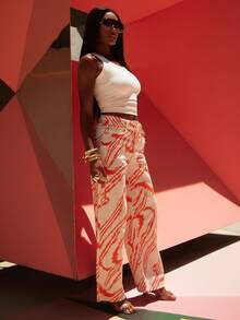 NYA SZN Jeans Belt Included Two Pieces Denim Pants Printed Abstract Stripe Zebra Wide Leg Mid Rise High White Orange Outfits For Women Vacation Autumn Punk - Multicolor - View 3