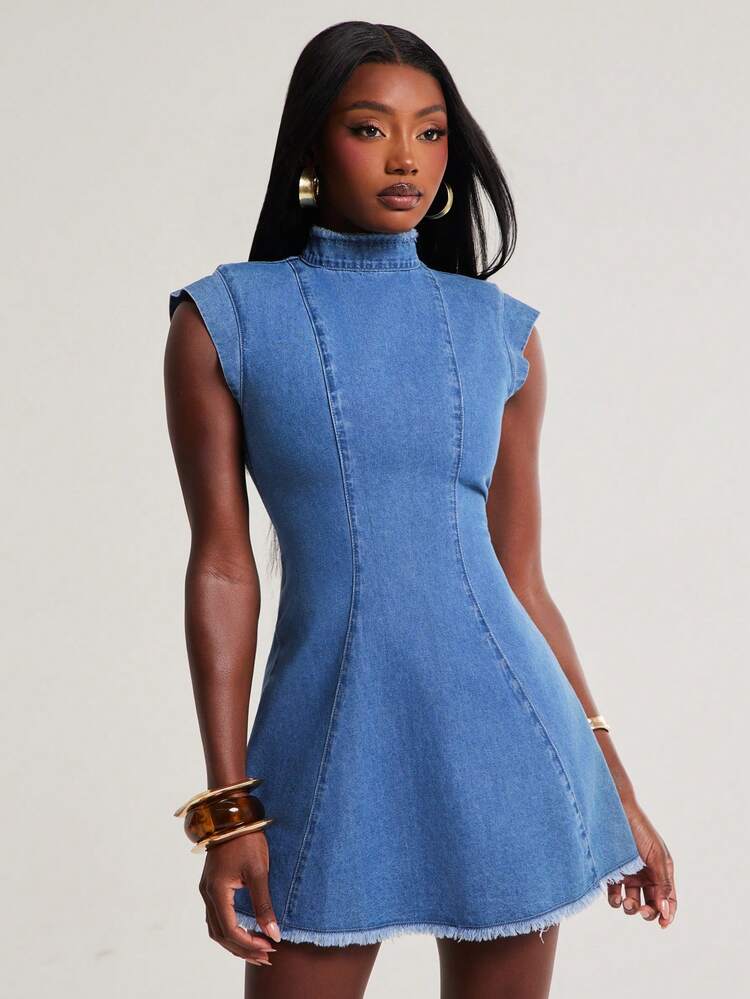 high neck denim dress Short Sleeve Zip Through Mini In Washed Green | EGO US Moderate stretch Bust NYA SZN Denim Dress Mini