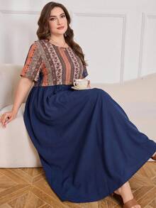 Lacomfia Minimalist Boho Traditional Casual Solid Color Patchwork Print Short Sleeve Loose Regular Fit Plus Size Dress Spring Summer Brunch Birthday Navy Blue - Multicolor - View 1