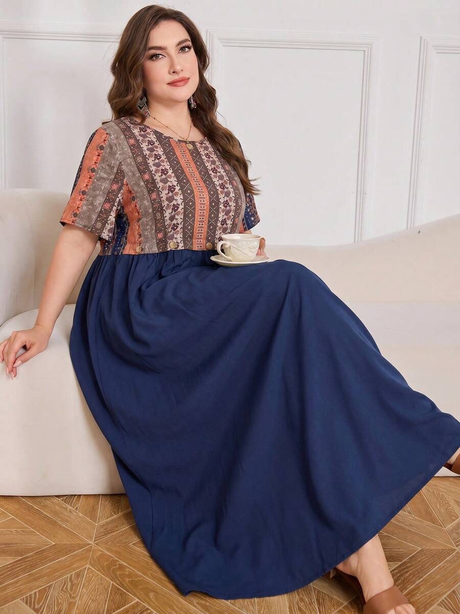 Lacomfia Minimalist Boho Traditional Casual Solid Color Patchwork Print Short Sleeve Loose Regular Fit Plus Size Dress Spring Summer Brunch Birthday Navy Blue - Multicolor - View 1