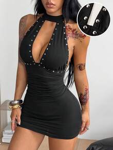 Coolane Women's Summer Streetwear Rave Outfit Party Hippie Music Festival Punk Y2K Sexy Casual Rivet Stretchy Cut Out Black Sleeveless Halter Mini Dress - Black - View 2