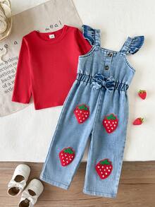 SHEIN Vintaside Kids 2件組女嬰春夏/秋冬甜美草莓套裝，紅色羅紋圓領長袖上衣，搭配水洗藍牛仔吊帶褲，荷葉邊肩帶，前扣鈕扣＋腰部蝴蝶結設計，褲子飾有3D毛巾刺繡草莓圖案，柔軟牛仔布親膚，活力田園風，嬰兒日常外出穿搭 - 紅色 - 查看 9