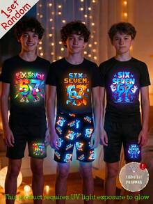 [3 Sets Randomly Sent 1 Set]Tween Boys Pajamas, Spring/Summer New Fashion Cool Glow-In-The-Dark Best-Seller Digital 67 Combination Pattern Printed Knit Tight High Elastic Fabric Short Sleeve Shorts 2-Piece Set Loungewear (UV Light Activated) - Black - View 1