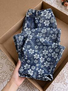 GlowEve Jeans casuales de mujer con pierna ancha y estampado jacquard - Azul lavado medio - Ver 6