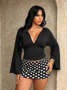 Rustia Plus Size Women's Casual Cinched Waist Top, Wide Cuff V-Neck Top, Fashionable Comfortable Early Autumn Spring Fall - Black - View 7