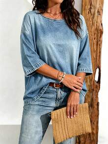 EMERY ROSE Plus Size Women Casual Minimalist Full Print Print Drop Shoulder T-Shirt, Suitable For Summer - Multicolor - View 4