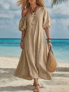SHEIN Holidaya Boho Jamican Sexy Tropical Asymmetrical Shoulder Puff Short Sleeve Dress Vacation Khaki Green Summer - Khaki - View 4