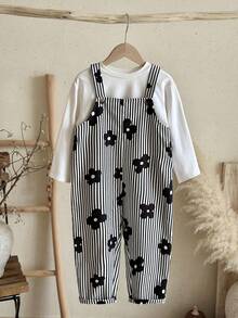 LMoss Kids Jumpsuit Anak Perempuan Muda, Jumpsuit Terusan Motif Bunga Bergaris Tenun - Hitam dan Putih - View 6