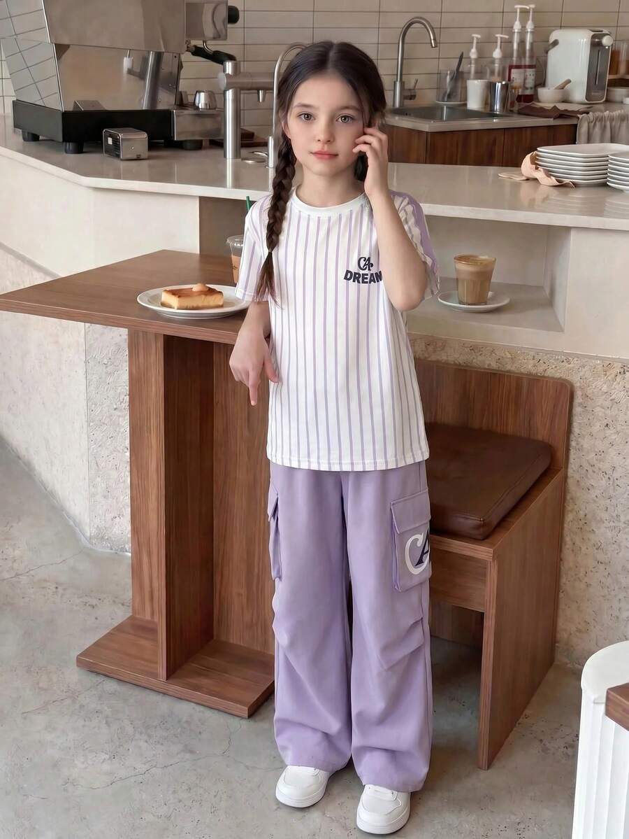 Casuvi Kids 青少年女孩T恤套裝,都市休閒圓領落肩寬鬆拼接色塊復古美式字母可愛甜美活力短袖套裝+ - 淡紫色 - 查看 1