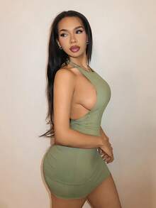 SHEIN BamGlam 女款純色性感掛脖貼身洋裝，適合派對、聚會、約會 - 軍綠色 - 查看 6