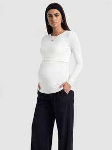 Modmama 孕妇休闲纯色修身哺乳长袖 T 恤，哺乳 T 恤，秋冬 - 彩色 - 查看 6