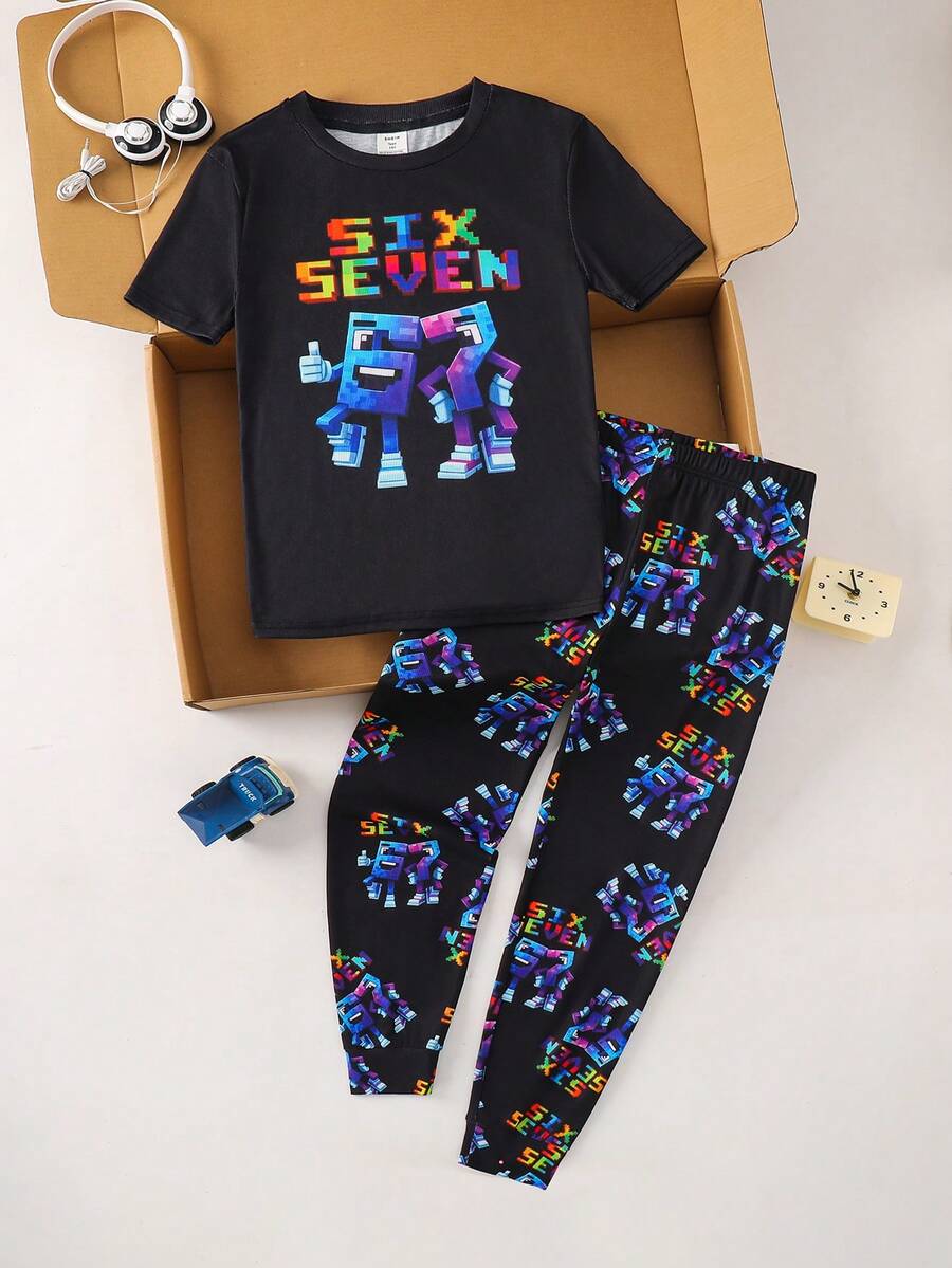 SHEIN Teen Boys Digital 67 Number Print Snug Fit Loungewear Set, Short Sleeve Top And Long Pants Set With Glow-In-The-Dark Cartoon Number Print, Comfortable Design, Suitable For Spring, Autumn And - Multicolor - View 1