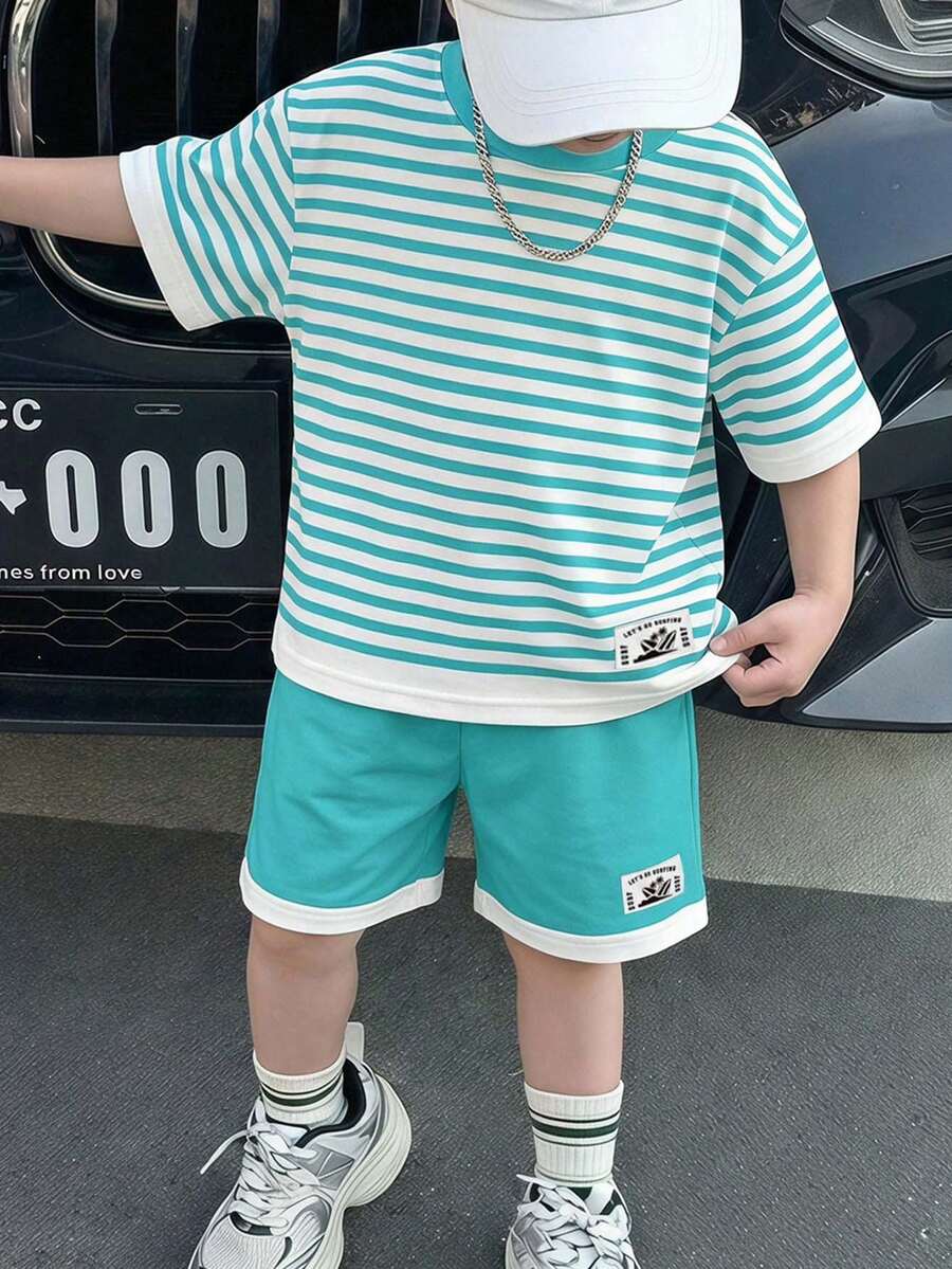 Young Boy Casual Minimalist T-Shirt Set, Classic Striped Summer Azure Color Pattern Print, Classic Coconut Tree Logo Pattern Print, Suitable For Spring And Summer, Suitable For Vacation - Multicolor - View 1