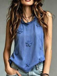 SHEIN Summer Blue Sleeveless Vest With Ruffled Stand Collar And 3D Floral Applique Elegant Cute Suitable For Casual And Professional Occasions Brunch - Blue - View 3