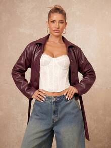 Lumalex Abrigo corto tipo trench elegante y casual para mujer en color rojo burdeos para otoño, con mangas raglán, solapa y cintura ceñida con lazo, ideal para viajes por carretera, citas y vacaciones - Burdeos - Ver 7