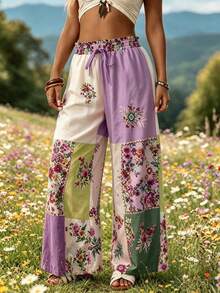 Zayélia Bohemian Boho Wide Leg Pants Color Block Floral Print Elastic Waist Drawstring Long Pants Loose Pants Garden Party Picnic Purple Floral Autumn - Multicolor - View 7