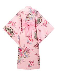 Irokai Japanese Traditional Summer Women's Two-Piece Kimono Yukata With Floral Print (Belt Not Included) - Pink - View 2