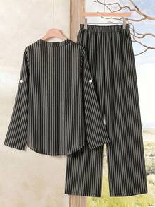 Rusticease Women's Striped Shirt And Pants 2 Pieces Set - Black - View 2