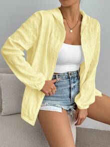 SHEIN Essnce 女款休閒純色連帽夾克 - 淡黃色 - 查看 4