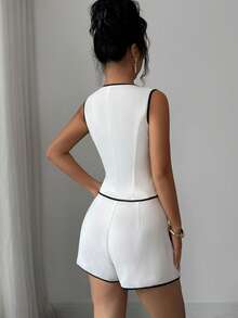 SHEIN Clasi 2026 Spring/Summer Women's Black And White Colorblock Sleeveless Blazer Vest + Wide Leg Shorts Suit Set Teachers' Day Brunch Business Casual - Apricot - View 2