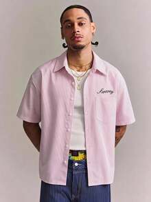 CRAVYNX Men's Casual Vacation & Commute Letter & Stripe Print Loose Fit Shirt, Summer - Red - View 4