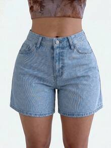 High Waist Mom Fit Women's Denim Shorts - Baby Blue - View 4