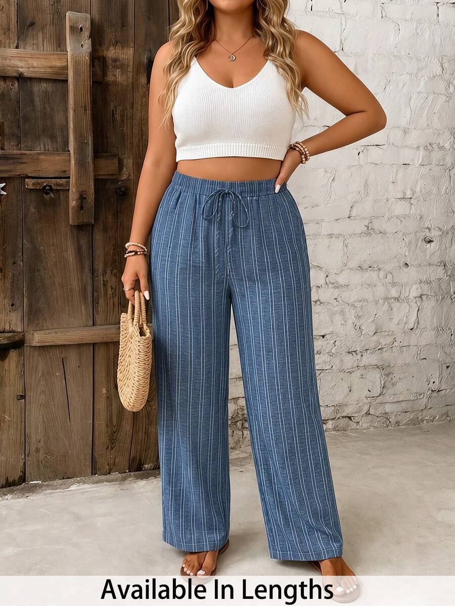 SHEIN PETITE CURVE 大尺碼女款休閒條紋長褲 - 藍色 - 查看 1