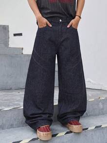 Manfinity EMRG Men's Pocket Button Casual Versatile Daily Travel Wide Leg Jeans - Black - View 3