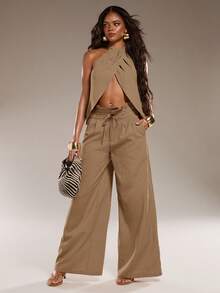 Normani Women's Solid Color Pleated Sexy Tropical Elegant Halter Neck Tank Top And Pocket Textured Long Pants 2 Pieces Set Beach Dinner Vacation Khaki Summer - Khaki - View 5
