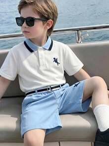 SHEIN 兒童小男孩/女孩，小男孩 3件組 春/夏時尚學院風短袖 POLO 衫與短褲套裝含腰帶，小男孩夏季衣著，套裝，柔軟 - 藍色 - 查看 7