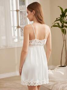 Moireta Contrast Lace Satin Slip Pajama Night Dress Luxeloungewear - White - View 2