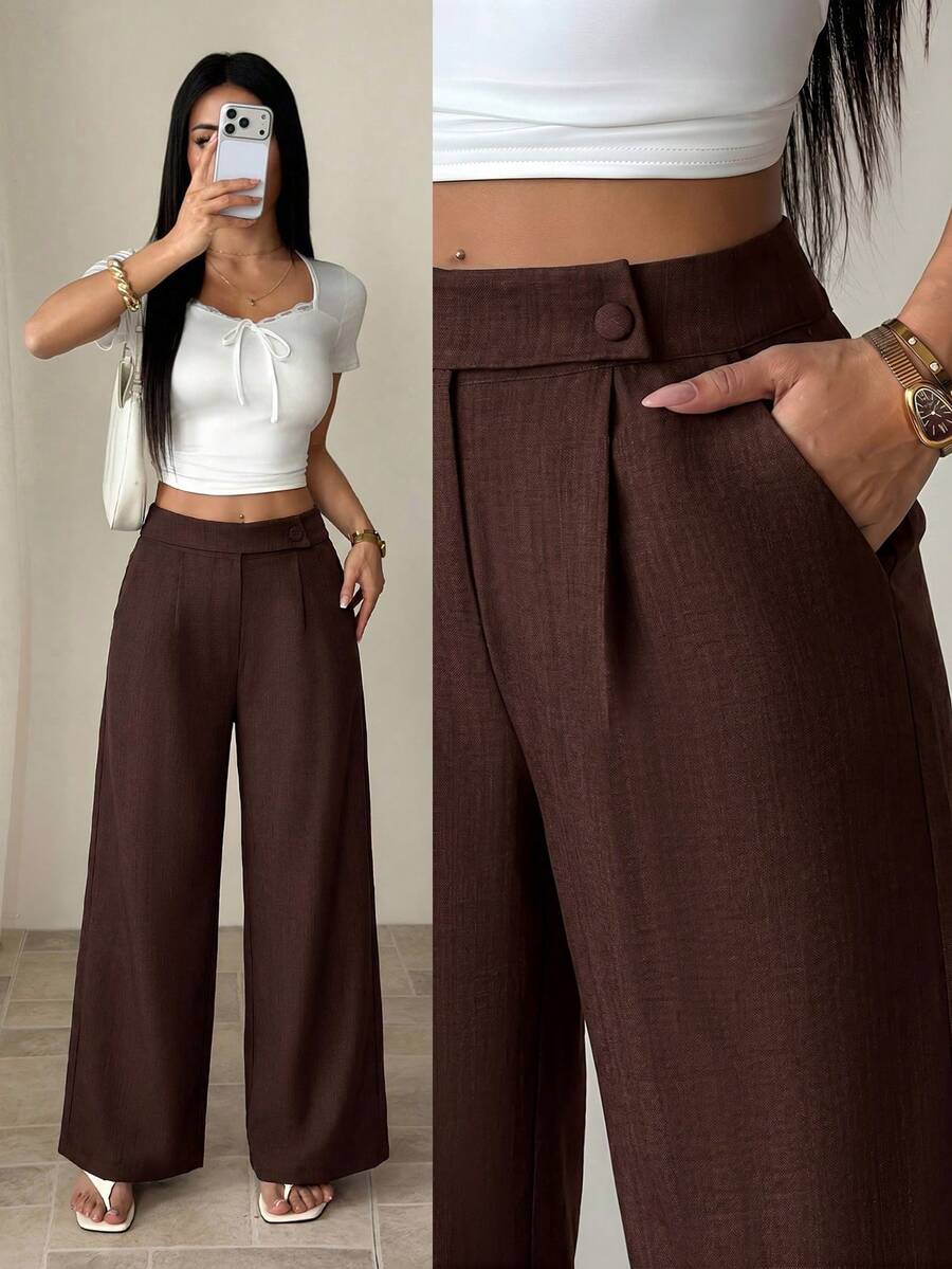 SHEIN PETITE 女款竹纖維面料腰前疊層扣飾設計優雅教師制服 專業休閒辦公裝 深棕色 秋季 小碼女款 - 棕色 - 查看 1