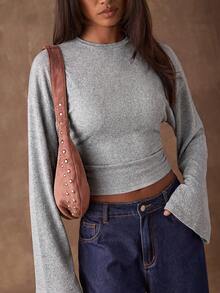 SHEIN BAE 女款純色圓領蝙蝠袖修身上衣 - 灰色 - 查看 5