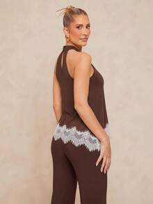 Lumalex Brown Chocolate Brown Halter Top Flare Pants Set High Neck Keyhole Back Asymmetric Lace Trim Hem Sleeveless Luxury Elegant Dinner Night Summer - Multicolor - View 9