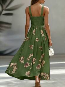EMERY ROSE 女款優雅中長版無袖V領收腰拼色洋裝，適合通勤與度假 - 軍綠色 - 查看 2