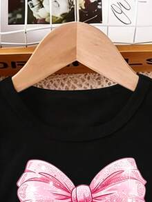 Elladie kids Girls' Fresh Fashion Cute Glitter Pink Bow & Heart Pattern Basic Black Short Sleeve T-Shirt, Comfortable Daily Wear For All Seasons - Black - View 3