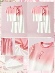 Resyla Regular Fit Crew Neck Short Sleeve T-Shirt + Straight Leg Pants With Slant Pockets - Pink - View 7